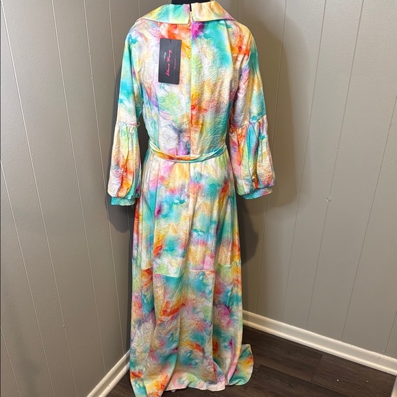 Elena Wang Women’s Small High Low Wrap Sundress with Plunge Neckline Waist Tie - Picture 4 of 5